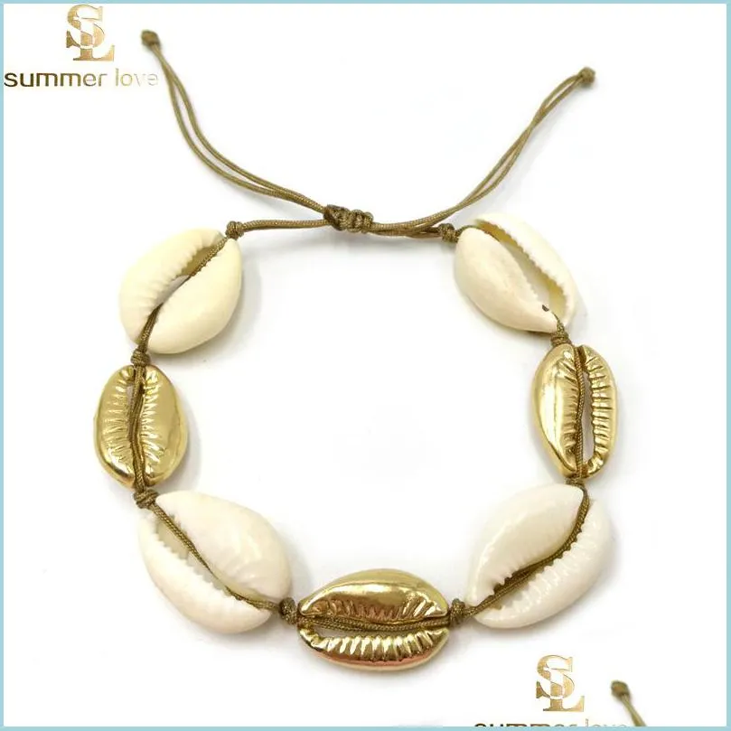 beach natural and zinc alloy shell charm bracelet necklace beige cord gold color handwoven one set necklace for women gift