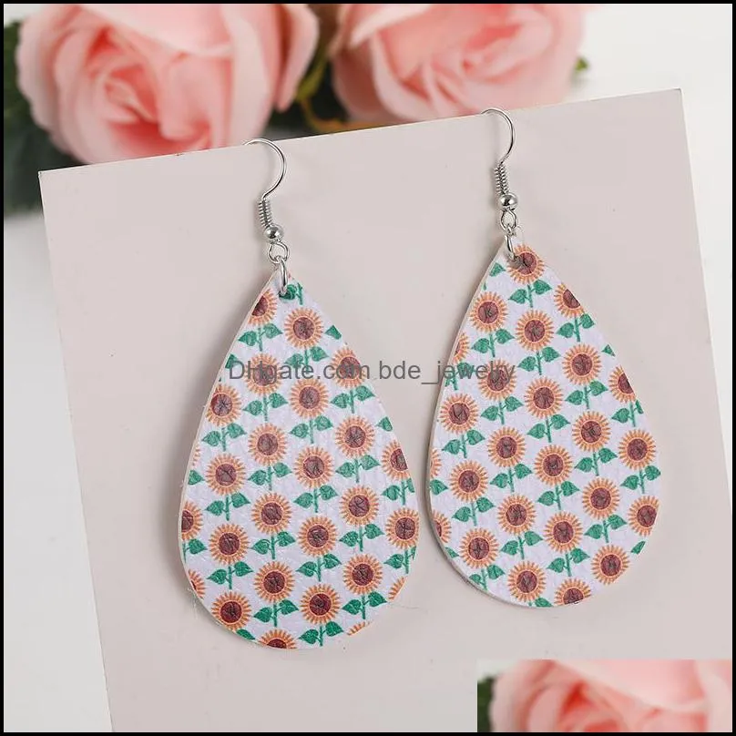 bohemia design daisy printed pu leather earrings for women girl fashion flower dangle drop earrings hook ear party jewelry gift