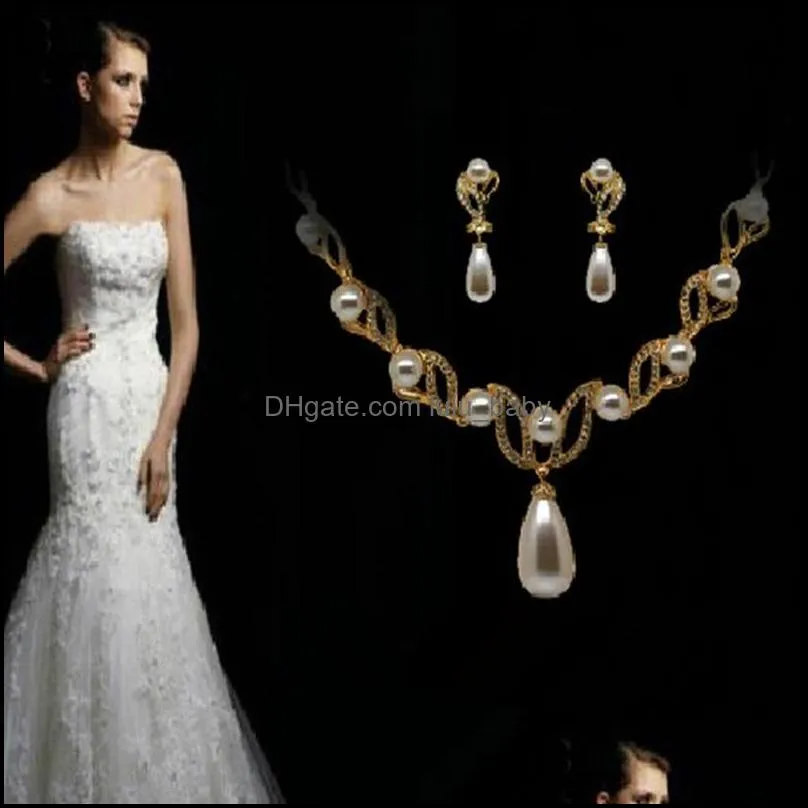 18k gold plated cream pearl and rhinestone crystal bridal necklace and earrings jewelry sets 1834 t2