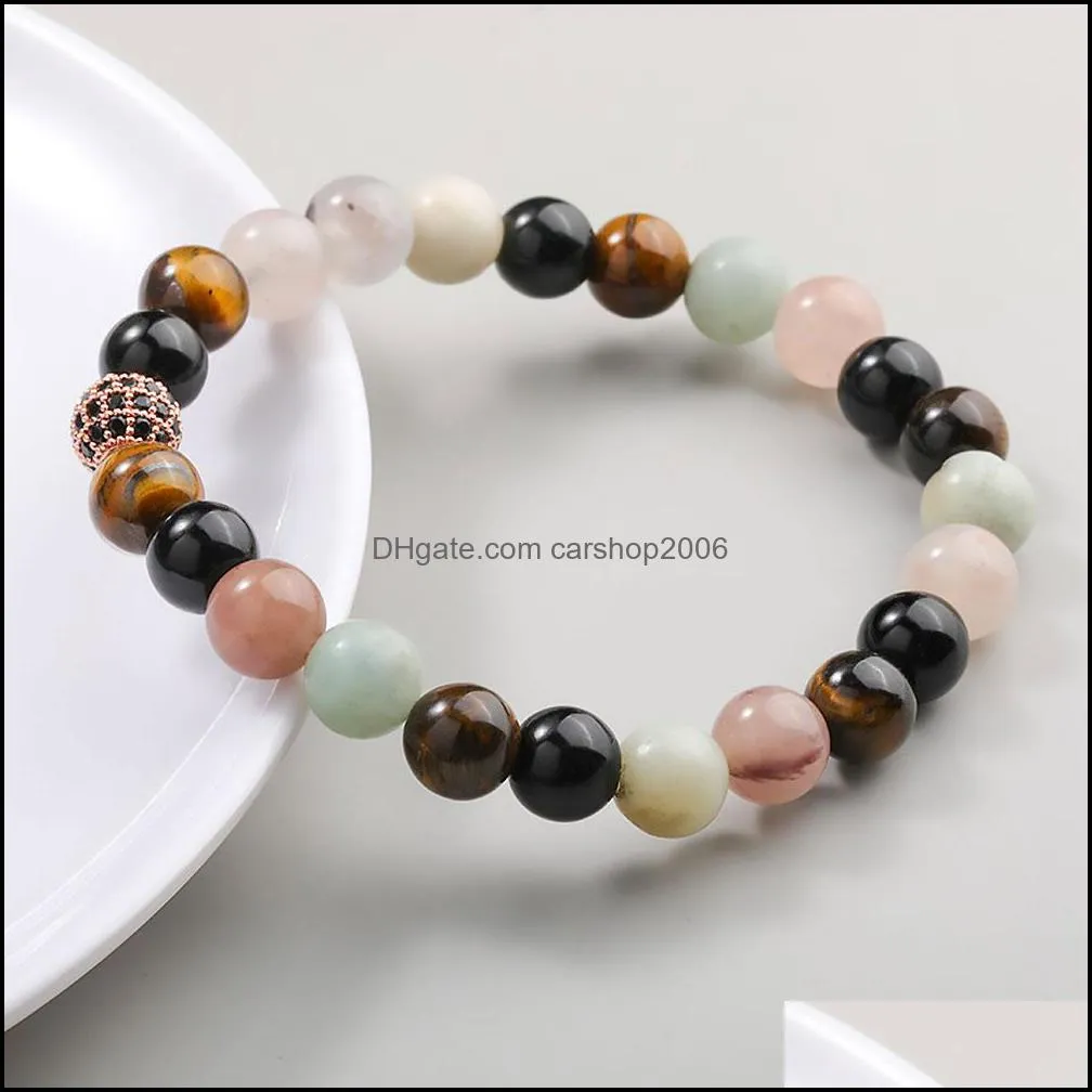 handmade 8mm tiger eye natural stone beads bracelet for women men elastic copper inlaid micro zircon beads bracelet jewelry gift