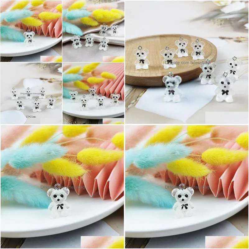 20pcs 15x21mm cute lucency resin bear pendant charms for woman girls cartoon jewelry findings diy wholesale