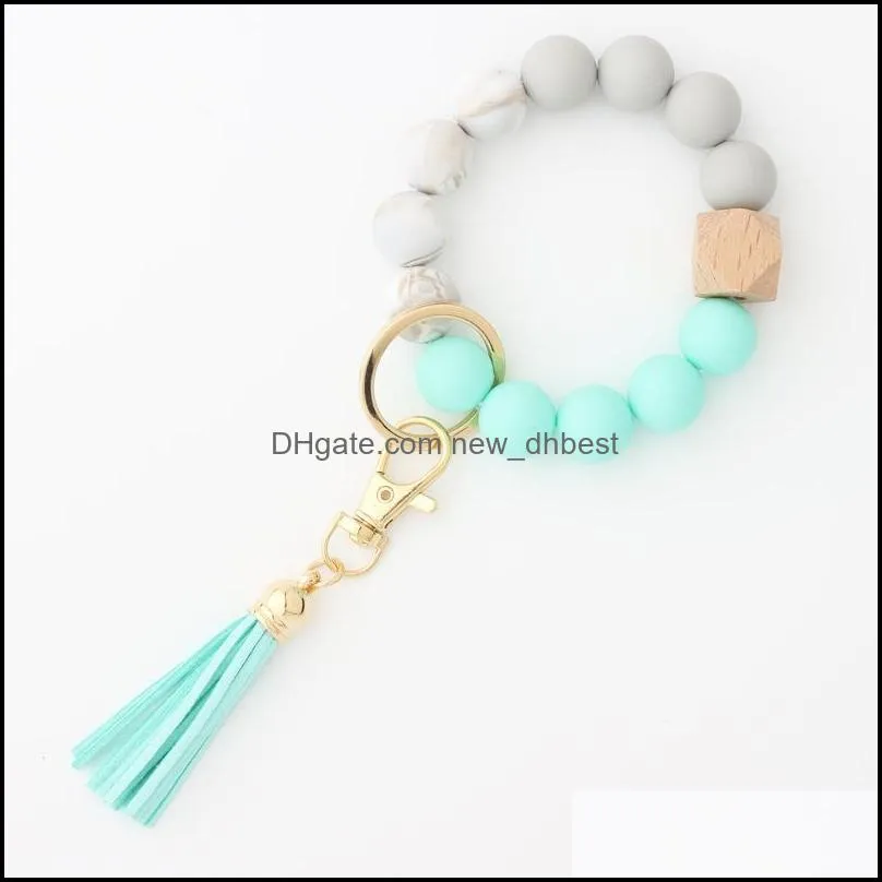 bead keychain wooden tassel bead string chain food grade silicone bead bracelet women girl key ring wrist strap bracelet keychain 76