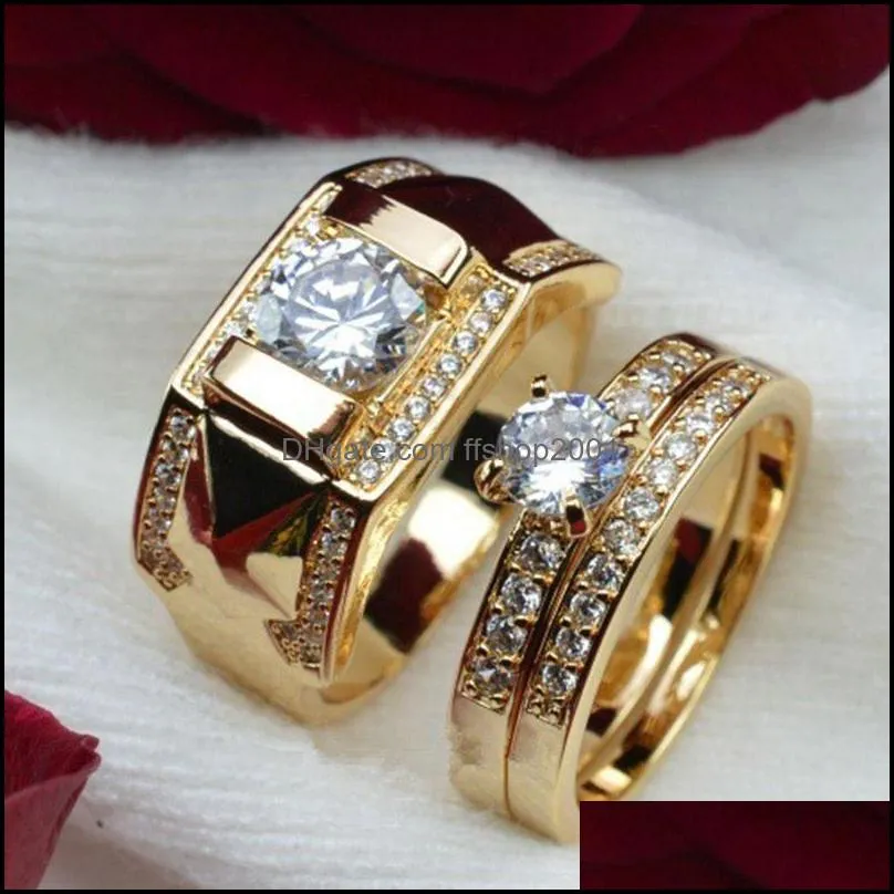 gold plating couple ring set for women men punk style crystal stackable ring jewelry accessories