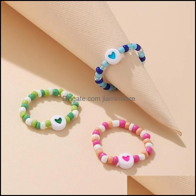resin acrylic rice bead ring heart design rings for women girl geometric jewelry gifts c3