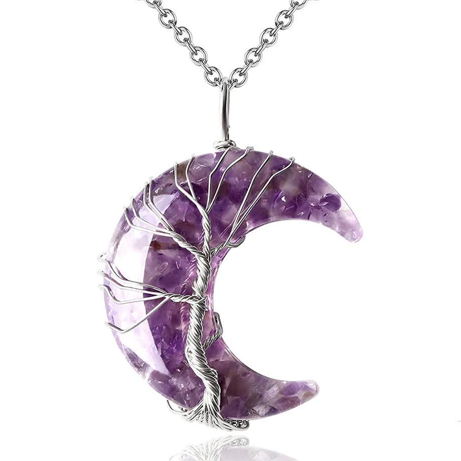 electroplated white k life tree macadam resin moon pendant necklace with stainless steel chain crescent