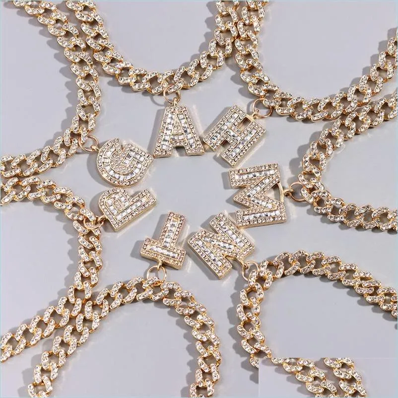 26 letters hiphop cuban anklet bracelets for women crystal baguette letter pendant  link ankle chain statement jewelry 2176 t2