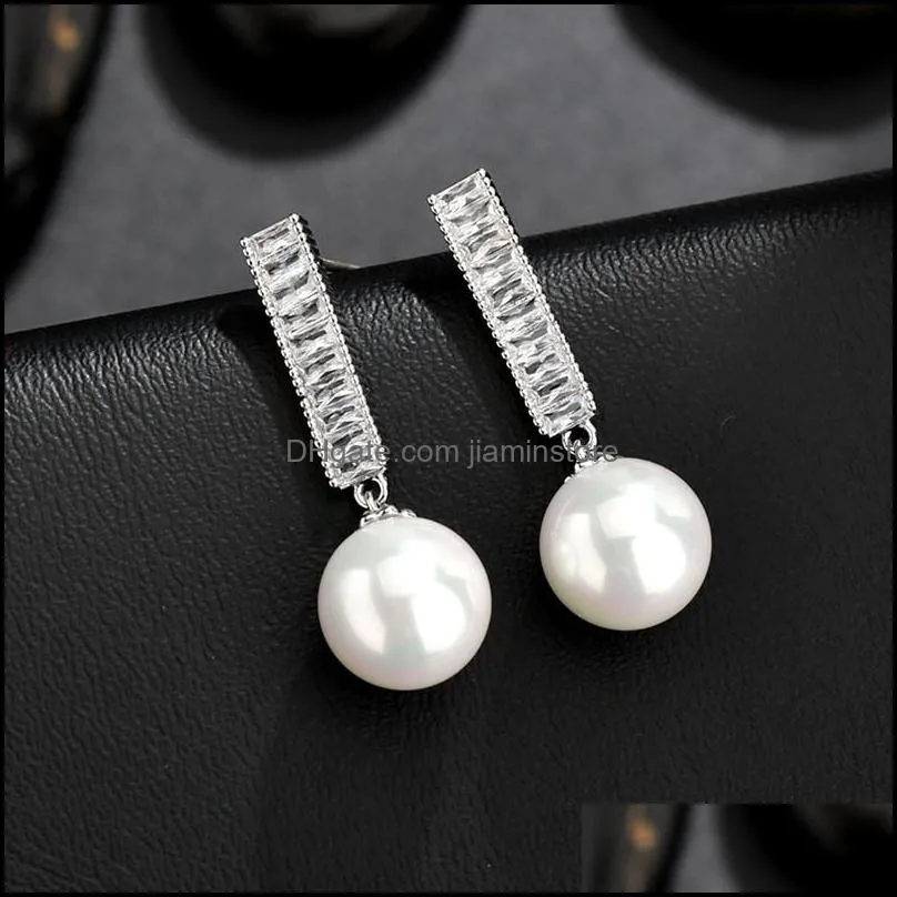 linear copper inlay zircon pearl drop earring for women elegant 925 silver pin earring wedding prom party jewelry