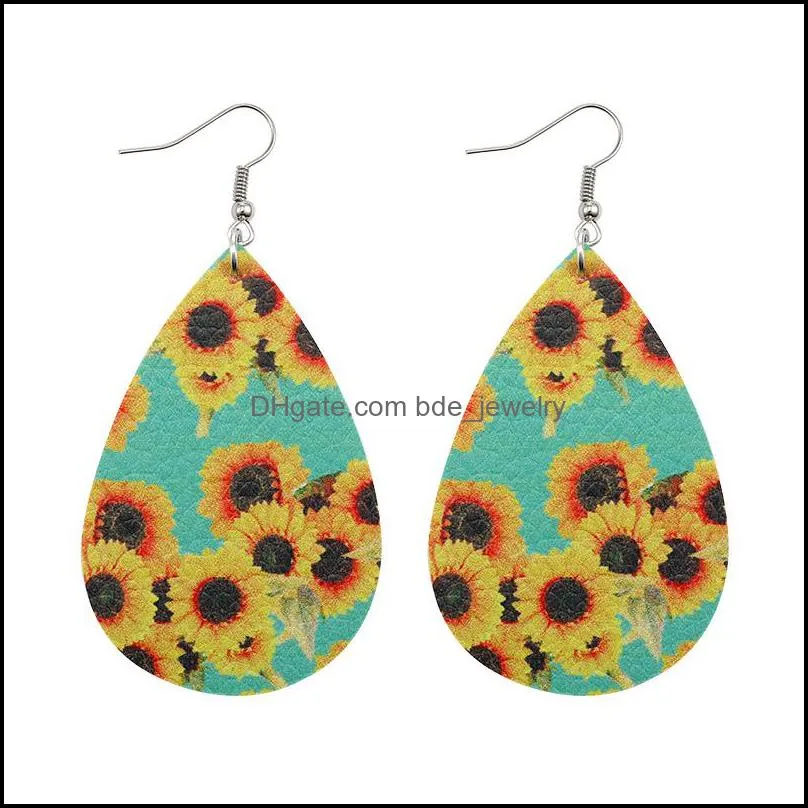 bohemia design sunflower printed pu leather earrings for women girl fashion oval waterdrop dangle drop earrings hook ear party jewelry