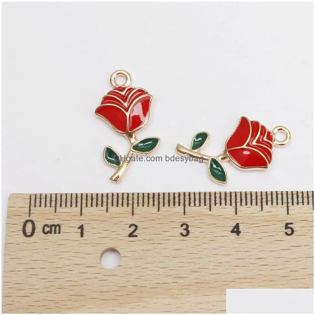 20pcs enamel romantic rose flower charms pendant cute drip oil alloy valentines charm for jewelry making supplies
