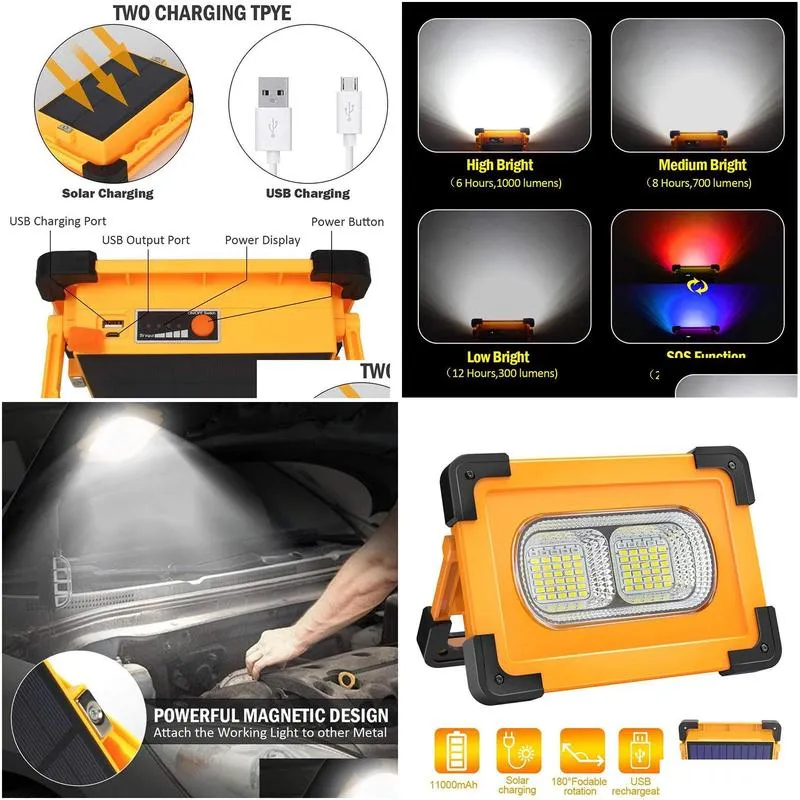 solar camping lamp 80w usb charging portable work light with magnet led flashlight for outdoor hiking car repair