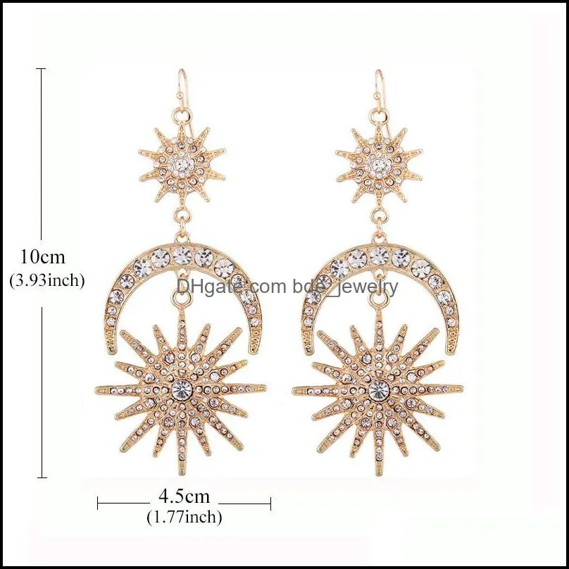 sun moon star big dangle earring for women crystal vintage punk style long drop earring fashion jewelry