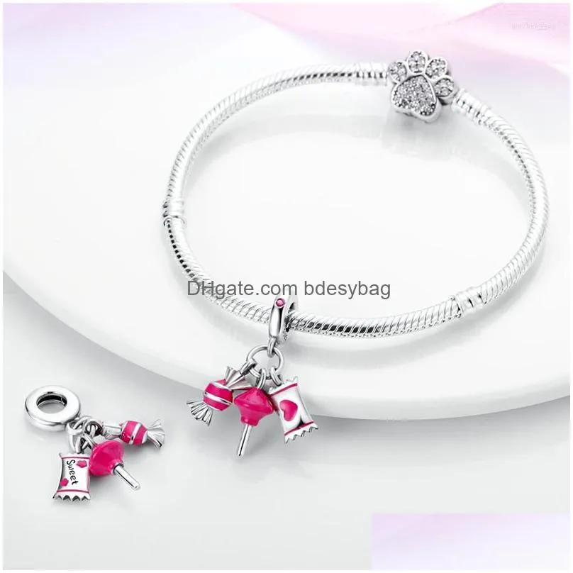 charms pink sweet candy lollipop suger dangle charm fit women bracelet necklace enamel pendant silver color beads for jewelry making