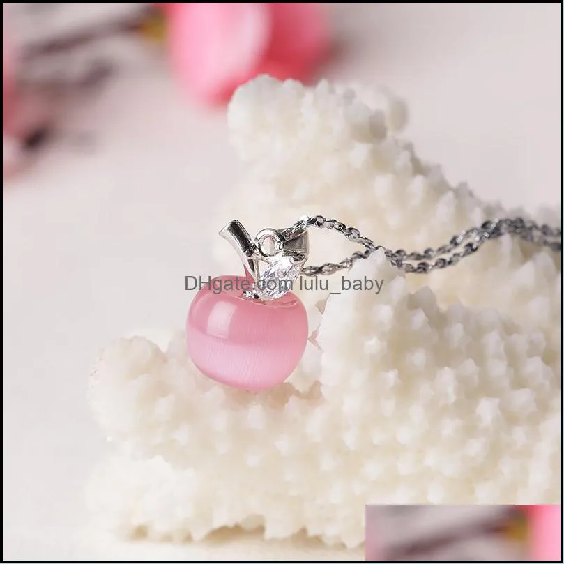 lovely pink white opal  necklace for women girls silver chain cute cats eye stone charm pendants necklaces collier fashion korean handmade