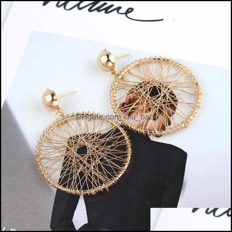 korean geometric round thread winding exaggerated pendant earrings for simple design gold hollow earrings jewelry