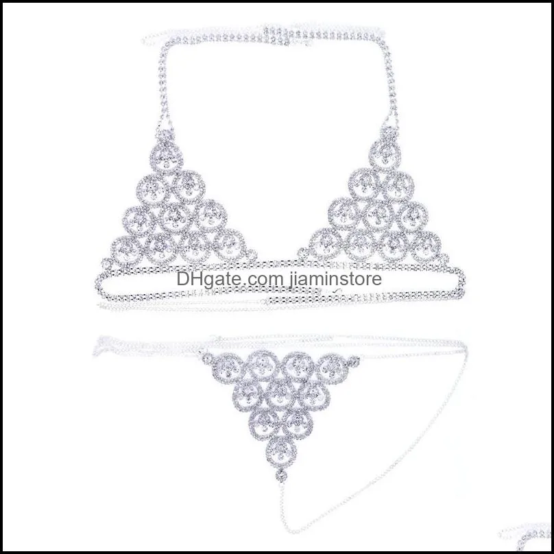 other fashion trend style body chain bra panties woman sexy bling rhinestone bikini jewelry suit chest thong c3