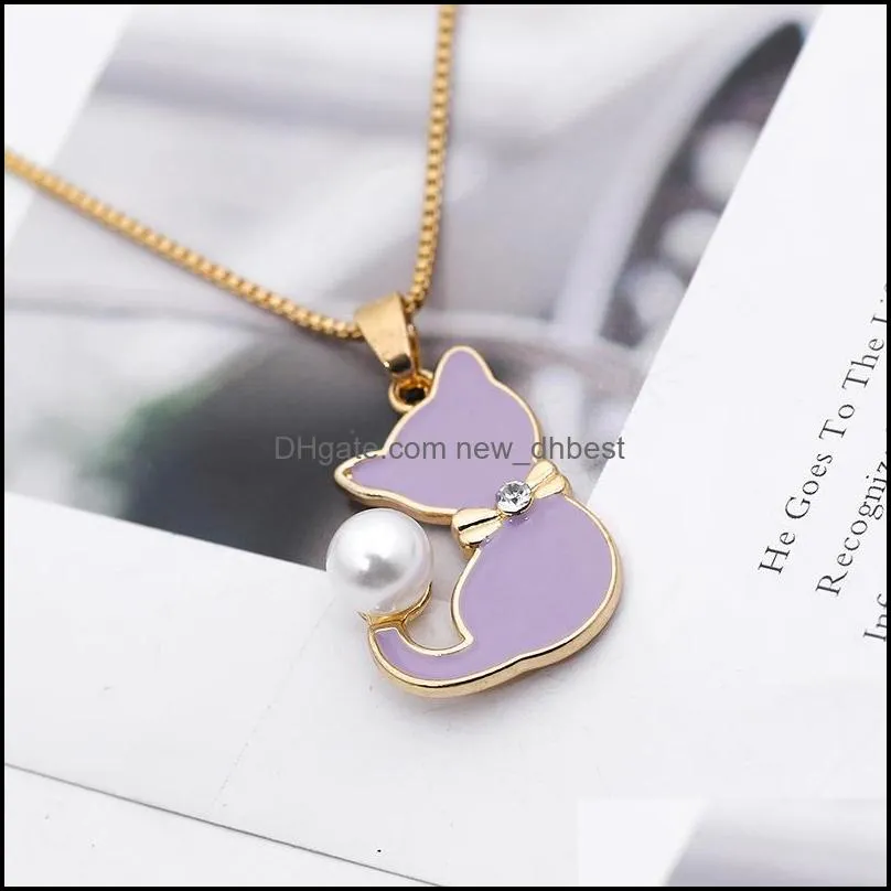 1pc ladies enamel cat drops oil zircon pearl color tail necklace animal puppy dog cartoon pets pussy pendant necklace jewelry 825 r2