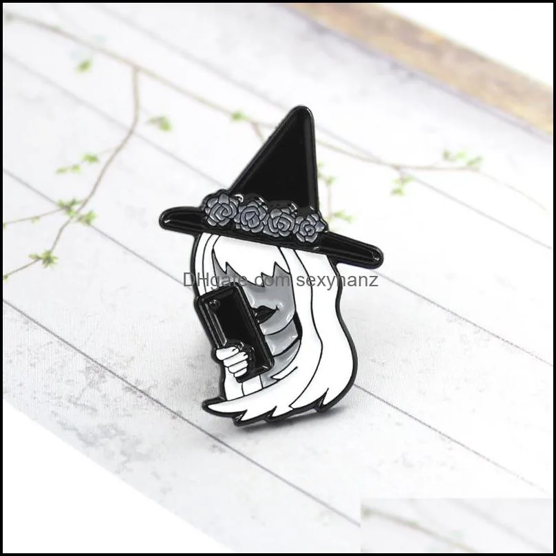classic witch image brooch basic witch with phone and flower crown enamel pin denim backpack tshirt badge halloween punk gifts1 747