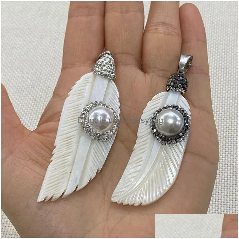 charms natural freshwater shell pendant 25x70mm inlaid diamond pearl feather charm jewelry making diy necklace accessories