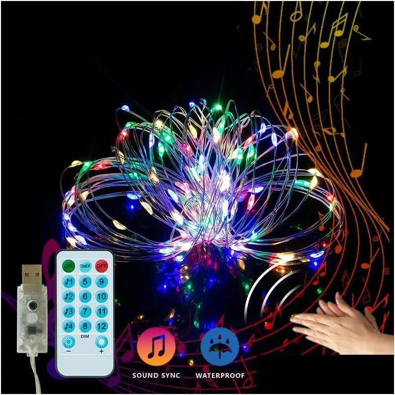 brelong 10m 100led 5m 50led music induction copper wire remote control chain light 8 function waterproof holiday light string