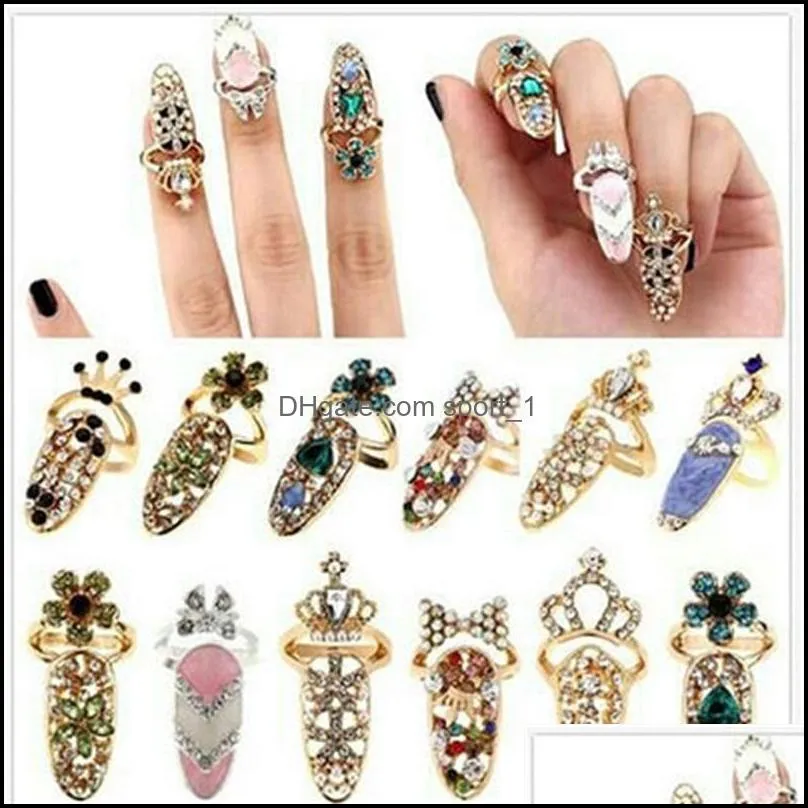 bowknot nail ring charm crown flower crystal finger nail rings for women lady rhinestone fingernail protective fashion jewelry 2191 t2