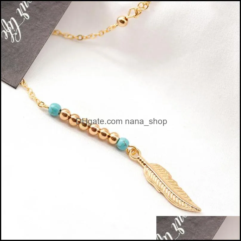  bohemian ethnic y shape necklace blue beads feather pendant long chain tassel necklaces for women round ball vintage jewelry gift