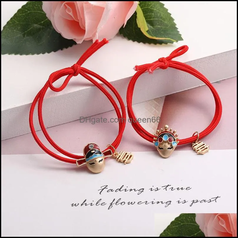 chinese style women girls cute hair rubber bands ponytail holder rope lucky red charm bracelet hair accessories elastic