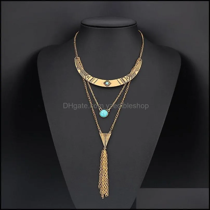 bohemian womens necklace retro style multilayer hanging necklace exquisite stone tassel sweater chain jewelry