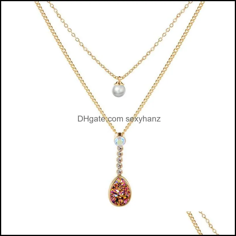 fashion double layer bohemian layered crystal waterdrop pearl pendant necklace for women elegant party jewelry gift