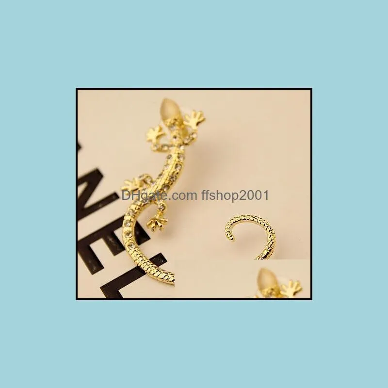 cip on earrings fashion rhinestone earrings ear cuff luxury elegant rose gold exaggerated gecko lizard stud earrings