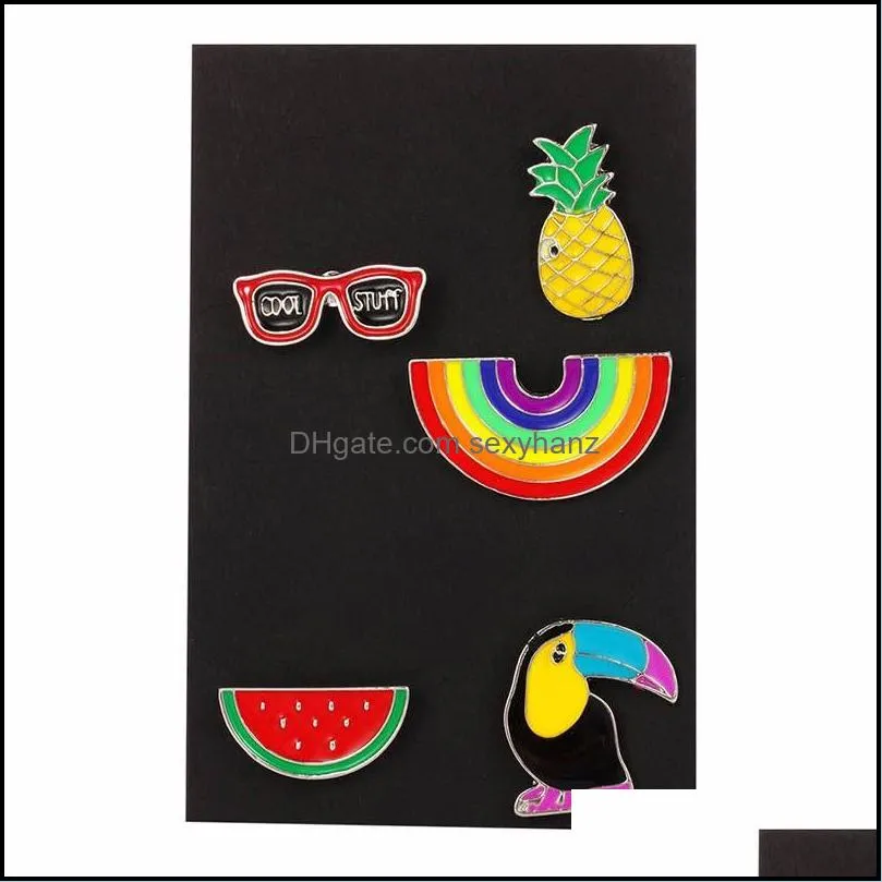 5pcs/set rainbow watermelon crow brooch pin for women catoon pineapple sunglass enamel lapel collar pin set fashion jewelry gift