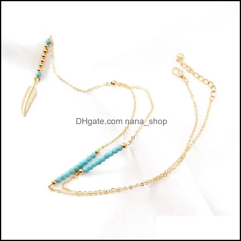  bohemian ethnic y shape necklace blue beads feather pendant long chain tassel necklaces for women round ball vintage jewelry gift