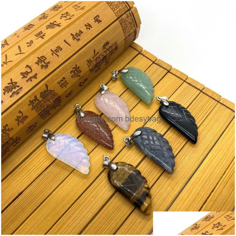 charms angel wing pendant necklace natural gemstone green aventurine tiger eye stone golden sand opal jewelry makingcharms