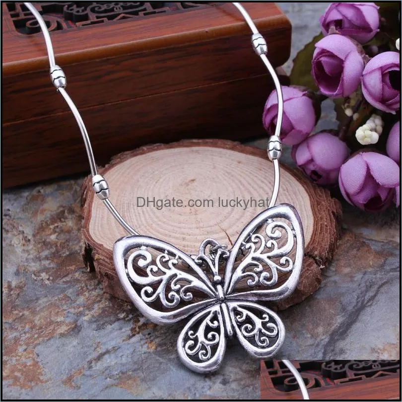 vintage ethnic tibetan silver plated bohemian carved hollow butterfly pendants necklaces for women bijouterie femme