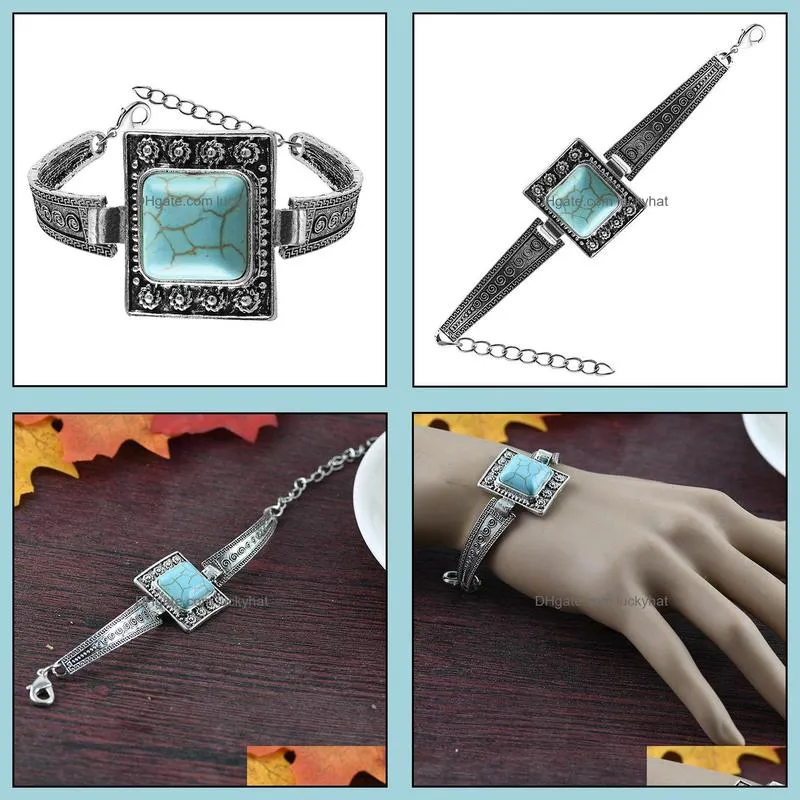 classical womens retro vintage natural square green howlite stone bracelet tibet silver color chain link bracelet