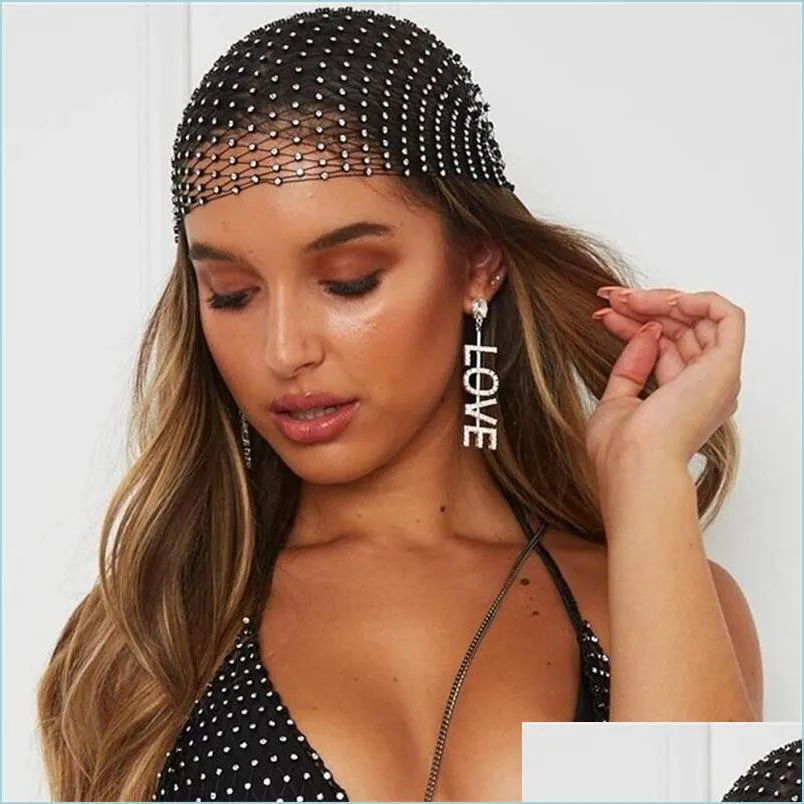  fashion women bling rhinestone head scarf turban hat headband crystal mesh cap hair snood nets headpiece headwear accessorie 768