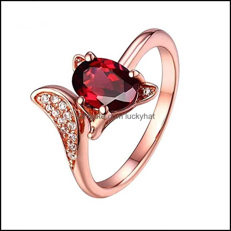 rose gold rings garnet red stone fox rings adjustable animal finger ring for women jewelry