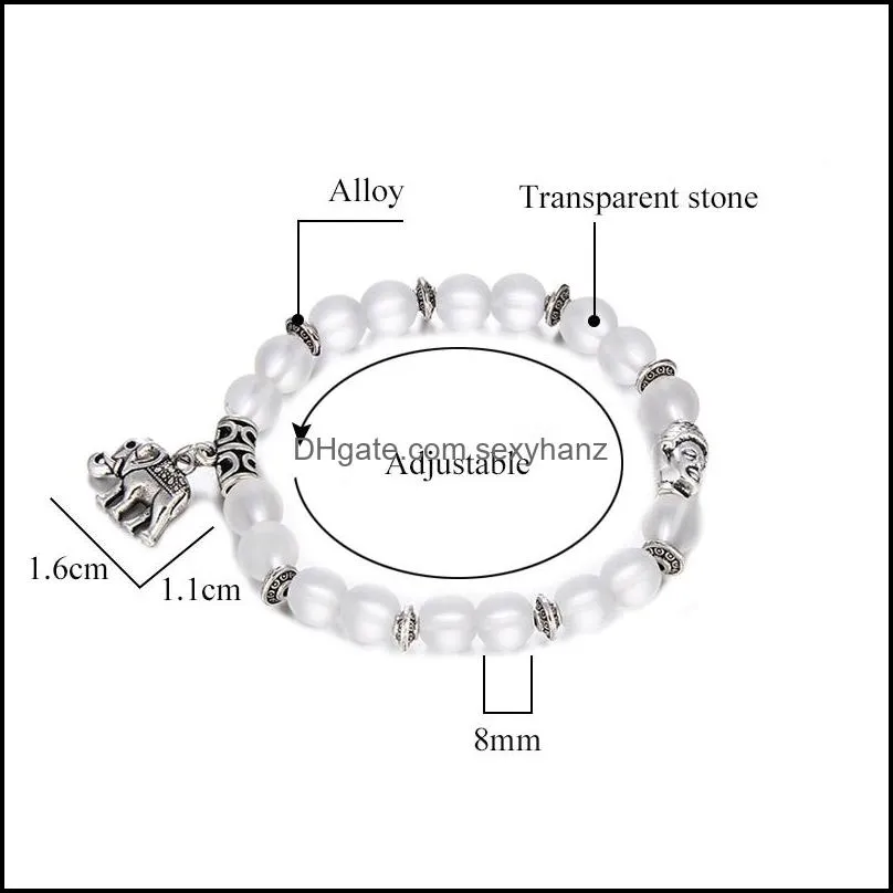 matte transparent natural stone beads bracelet for women men elastic buddha head elephant charm bracelet handmade jewelry gift