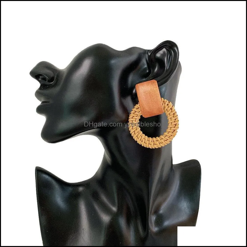 fashion creative wooden round rattan earrings bohemian geometric stud earrings handmade personality earrings