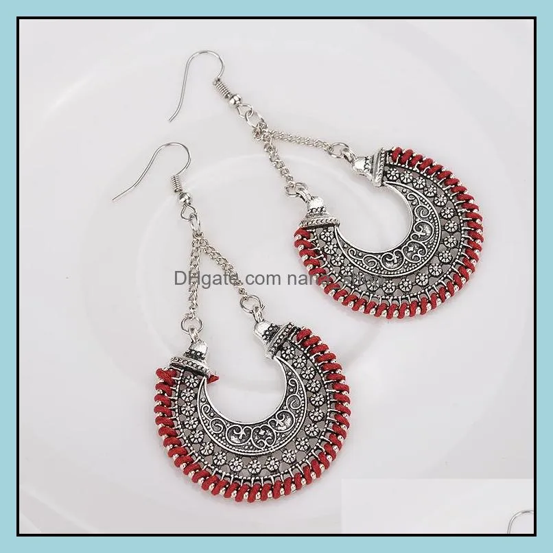 ethnic hollow vintage sliver rope wrap earrings for women bohemian crescent long hook dangle earring women jewelry wholesale