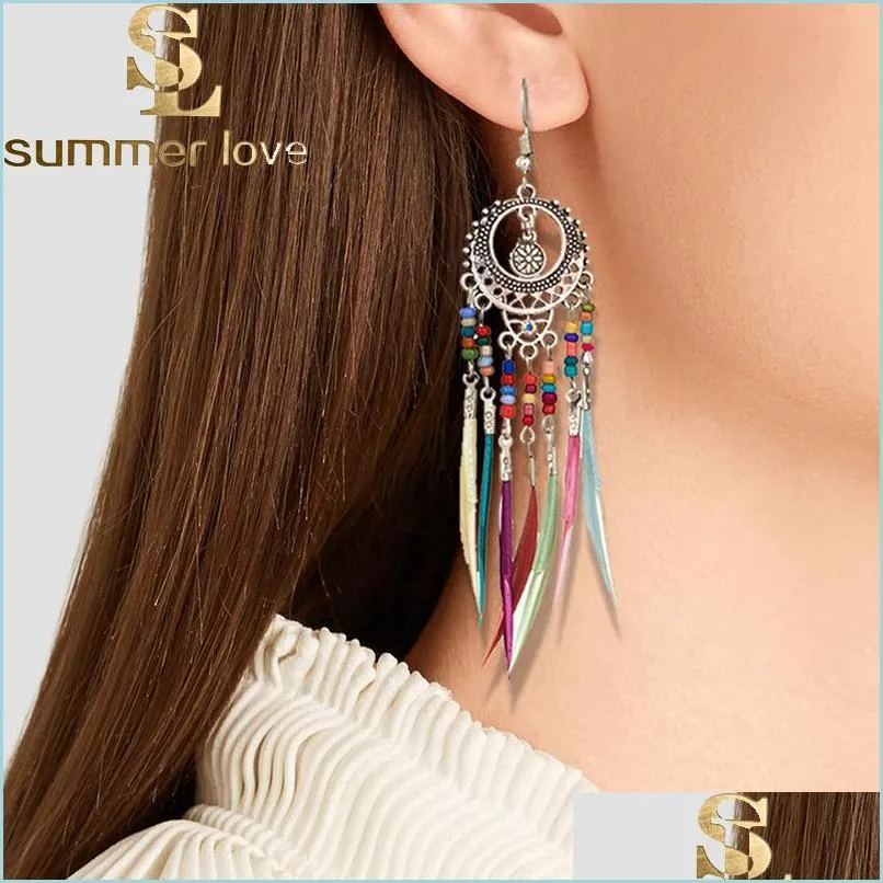 golden silver vintage ethnic rainbow colors beads feather dangle drop earrings for women female wedding tassel earrings fashion
