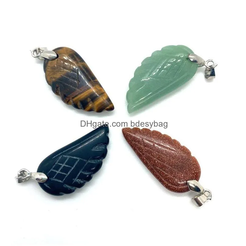 charms angel wing pendant necklace natural gemstone green aventurine tiger eye stone golden sand opal jewelry makingcharms