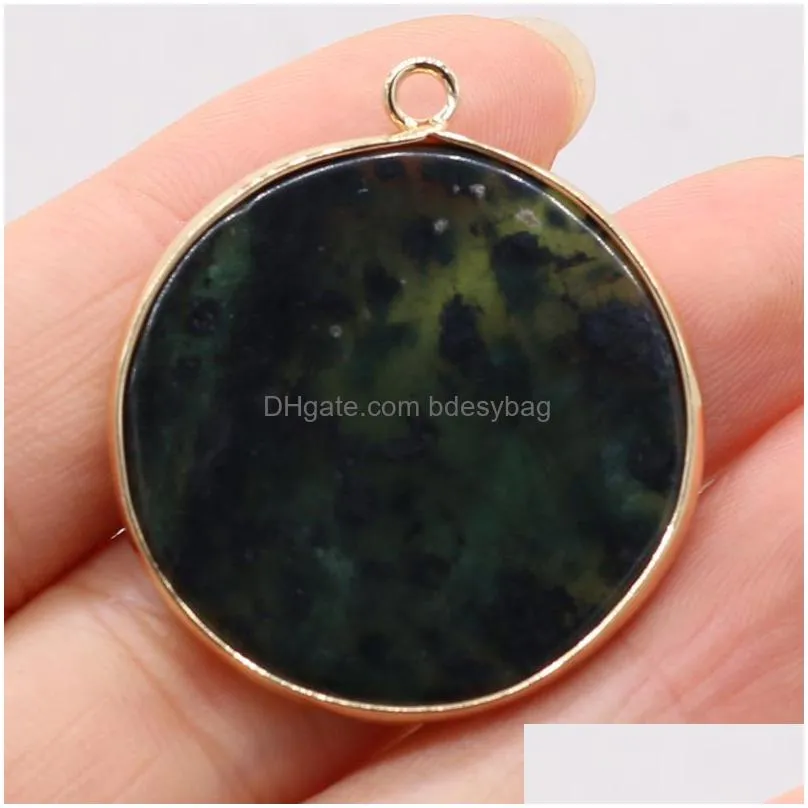 charms round pendants natural green eye stone gilt edge for jewelry making diy necklace earrings accessories 30x35mm