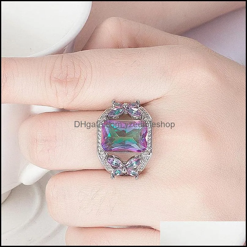 bow knot rings zircon birthstone round stone womens silver ring multicolor engagement ring