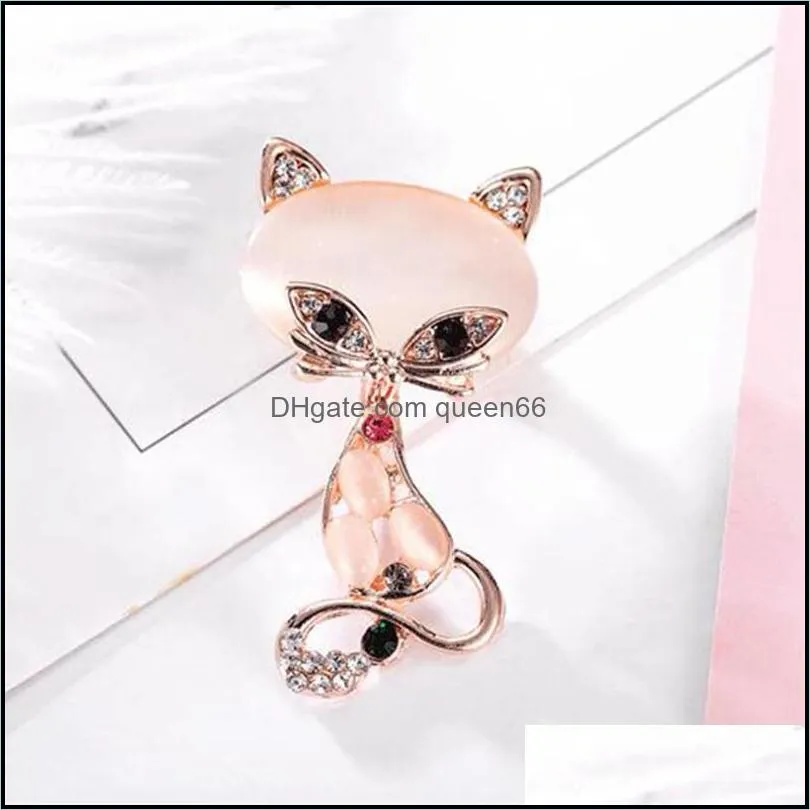 opal stone fox brooch pin for women men suit shirt collar rhinestone cute animal brooches elegant jewelry gift wholesale