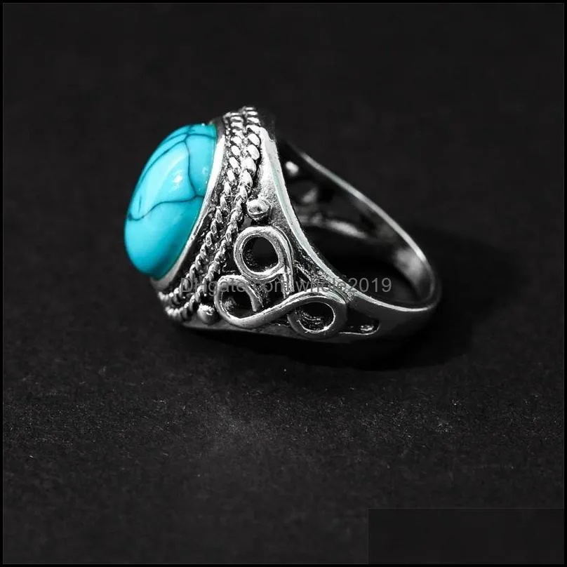 natural stone band blue turquoises finger rings vintage antique fashion jewelry for women 425c3