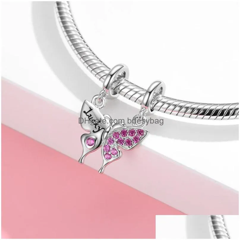 charms pendants butterfly pink zircon silvercolor bead fit charm original european bracelet for jewelry makingcharms
