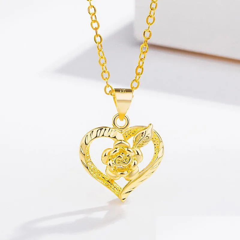 fashion 24 k fine gold gf dubai romantic heart love rose pendant necklace earrings sets wedding png jewelry sets for women 510 q2