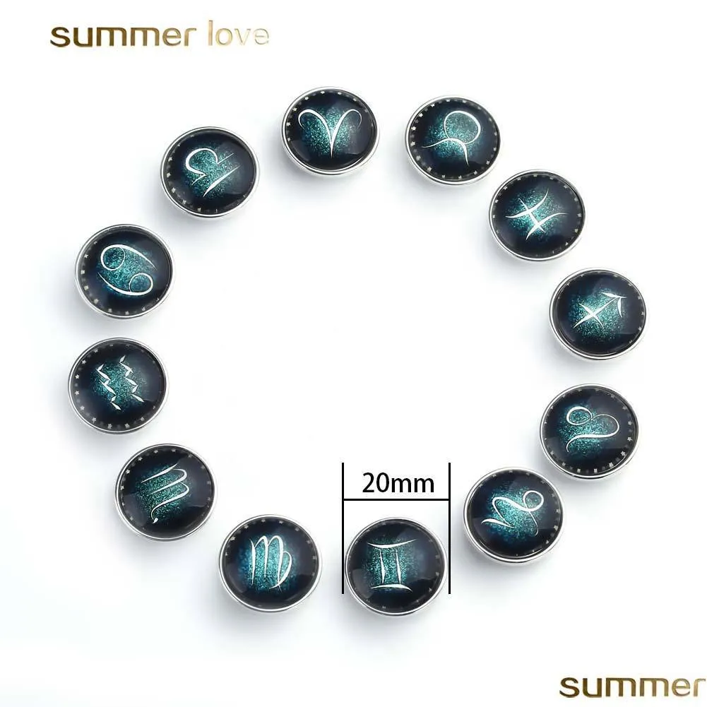 12pcs/lot snap button luminous 12 constellations zodiac glass charm for bracelet necklace keychain diy jewelry