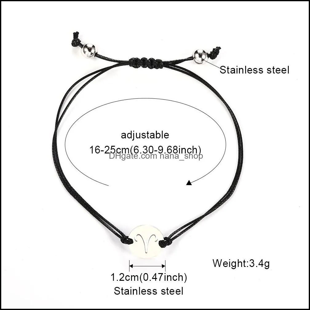 handmade braided black wax rope bracelets adjustable stainless steel 12 constellation charm chain bracelets for men women unisex