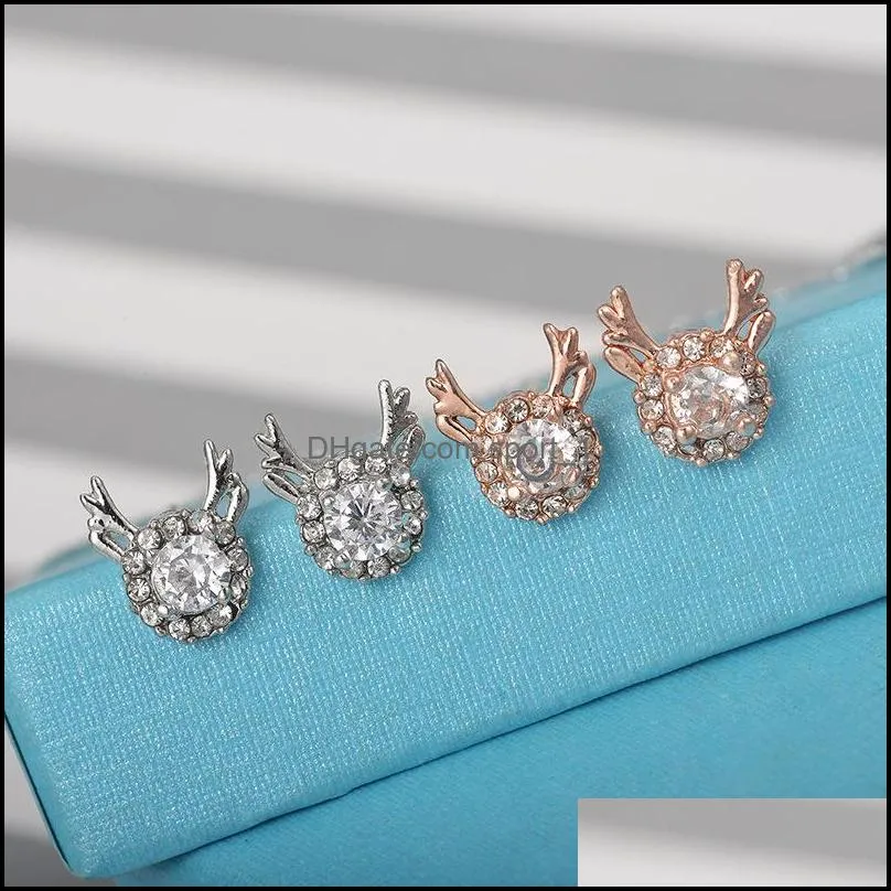  creative reindeer snowflake zircon stud earrings for women kids temperament small elk copper earrings christmas antler jewelry